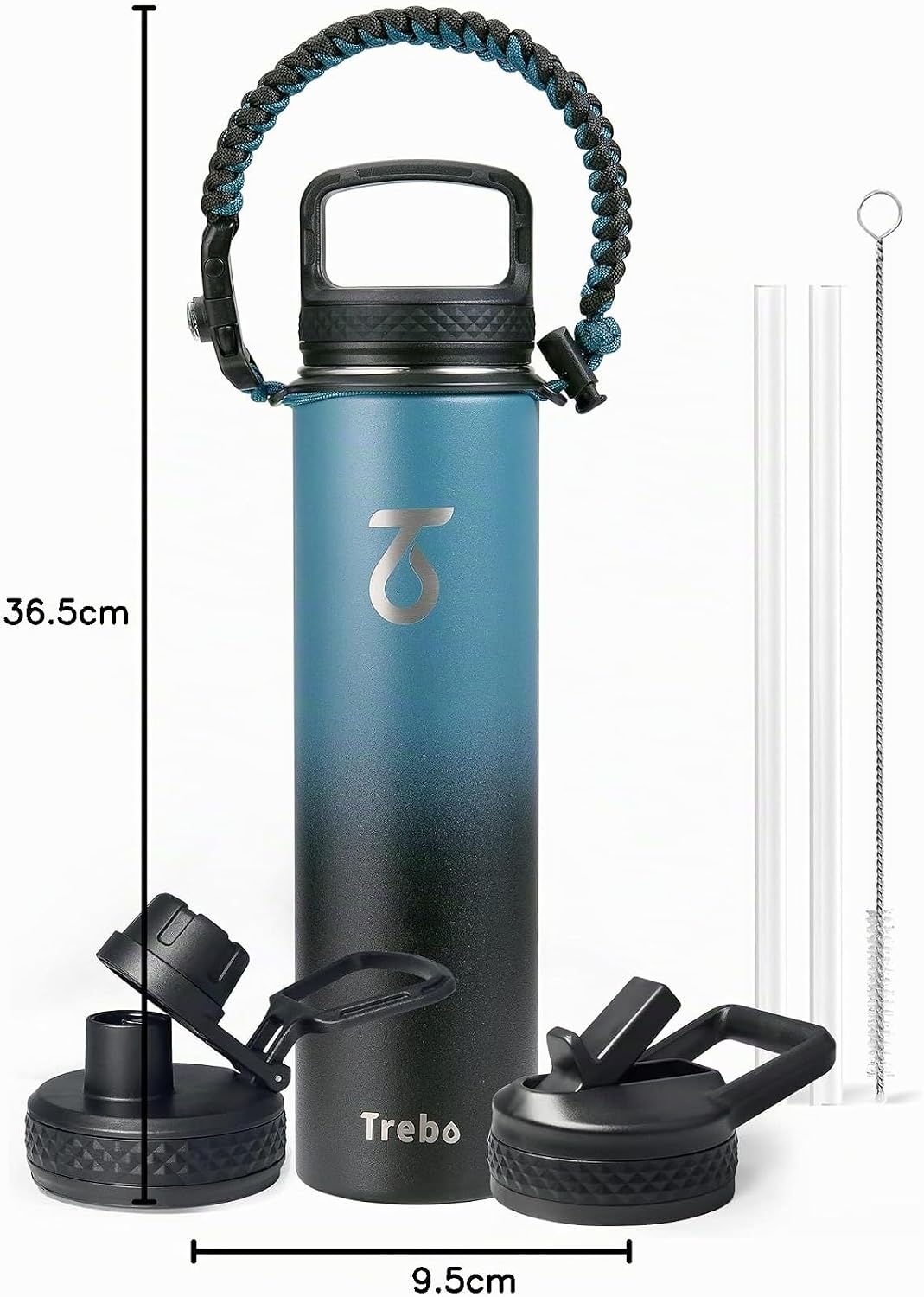 Trebo Trinkflasche Edelstahl, Thermosflasche mit Strohhalm mit Paracord-Griff &amp; 3 Deckeln, Edelstahl