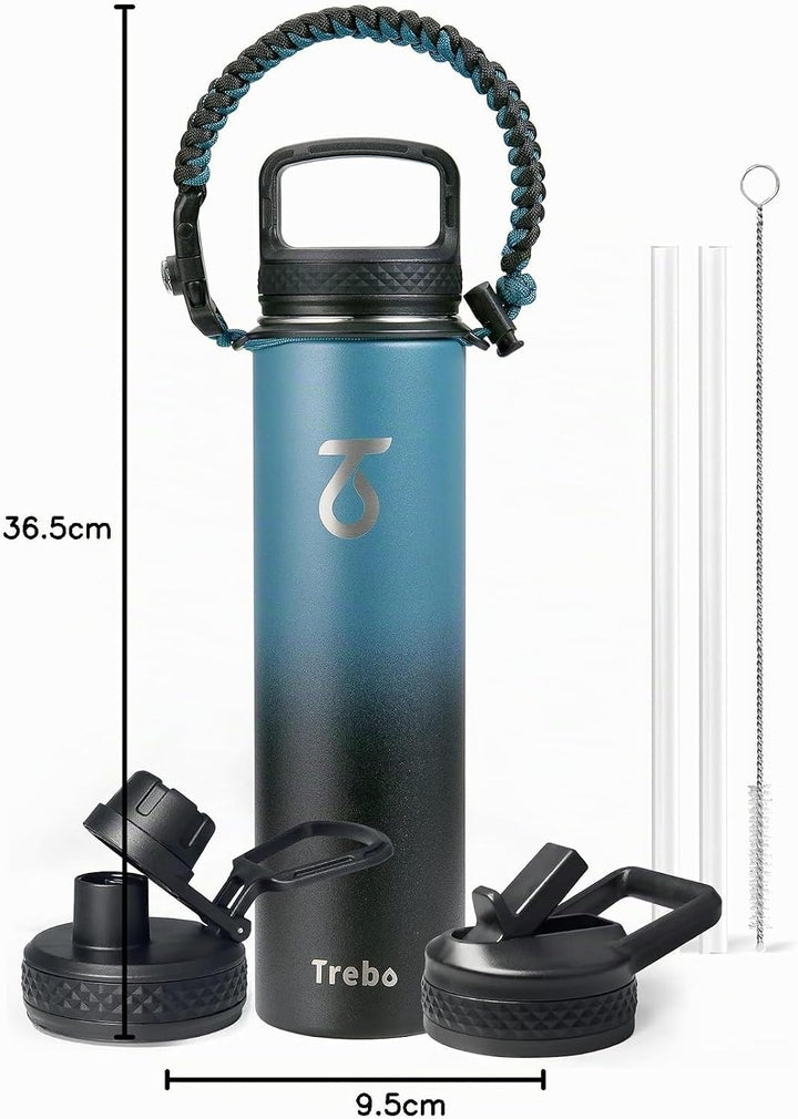 Trebo Trinkflasche Edelstahl, Thermosflasche mit Strohhalm mit Paracord-Griff &amp; 3 Deckeln, Edelstahl