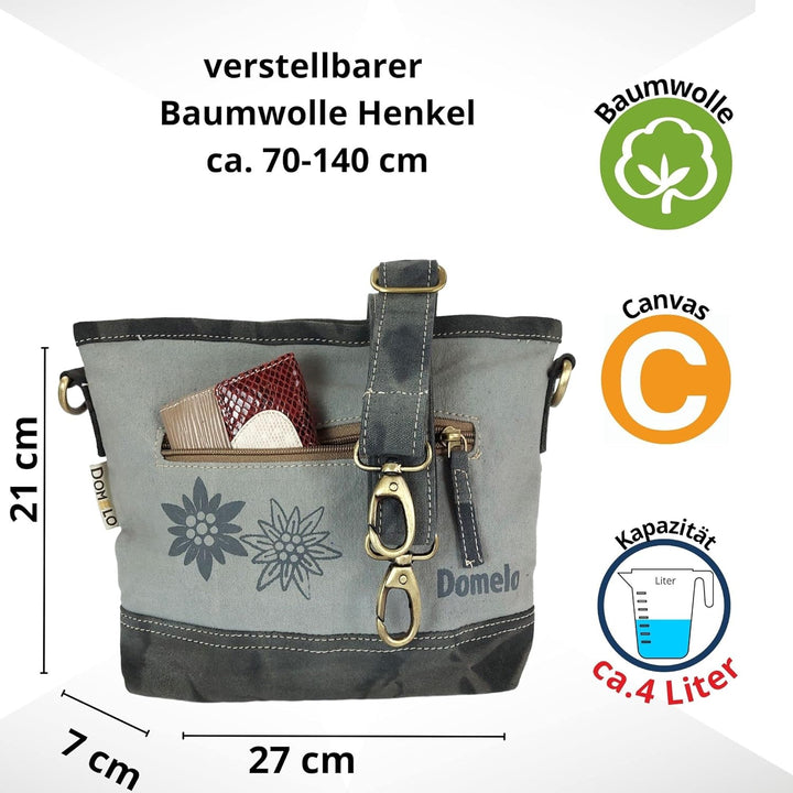 Domelo Damen Trachtentasche. Umhängetasche mit Hirsch &amp; Edelweiss Aufdruck. Graue Crossover Bag in V