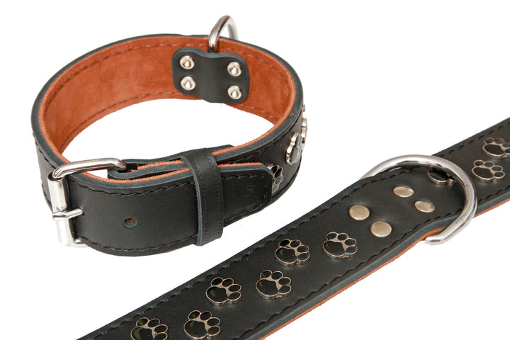 B & F 07121T Leder-Hundehalsband dekoriert mit Pfötchen, schwarz