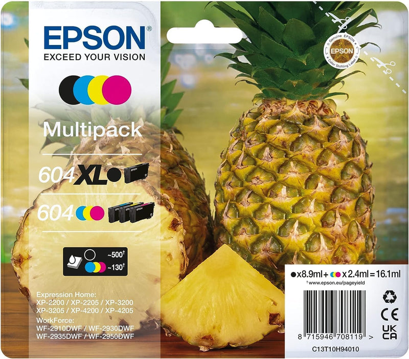 Epson Orginal 604 Tinte Ananas Multipack 4-farbig schwarz XL, CMY Standard XP-2200 XP-2205 XP-3200 X