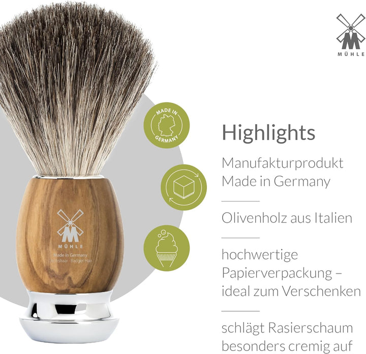 MÜHLE Vivo Rasierset - Rasierhobel, Rasierpinsel mit reinem Dachshaar, Halterung mit Schale, Griffe
