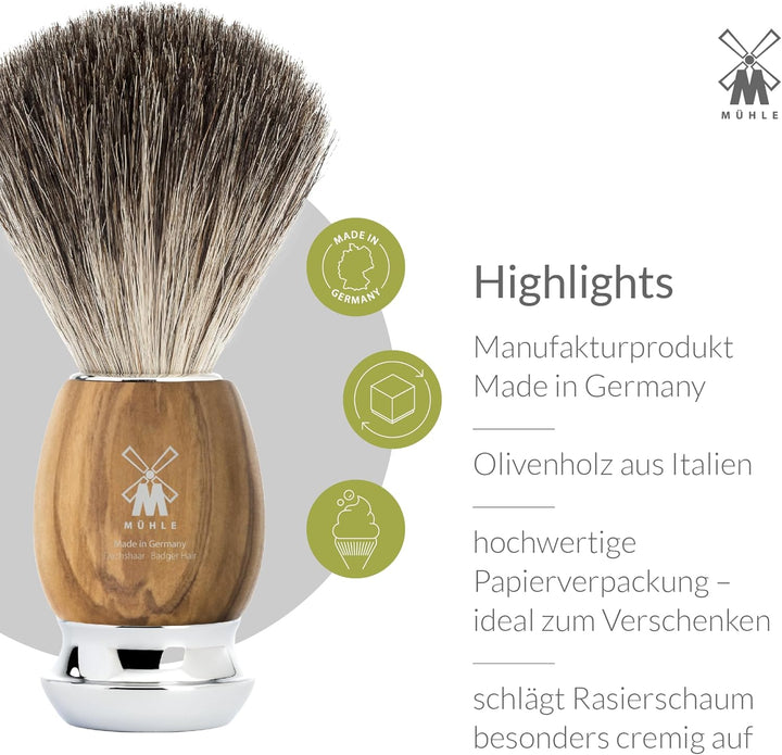 MÜHLE Vivo Rasierset - Rasierhobel, Rasierpinsel mit reinem Dachshaar und Halterung - Griffe aus edl