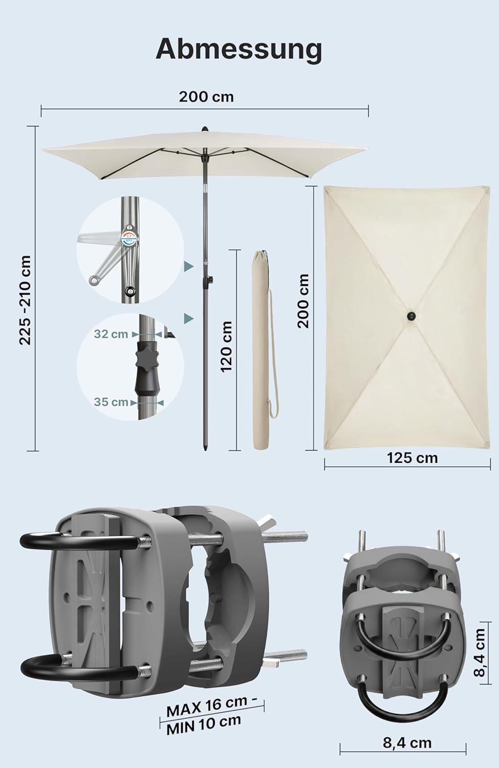 4smile Sonnenschirm Balkon mit Halterung im 3-er-Set, 200x125 cm, UV 50+, Sonnenschutz Balkon, Balko