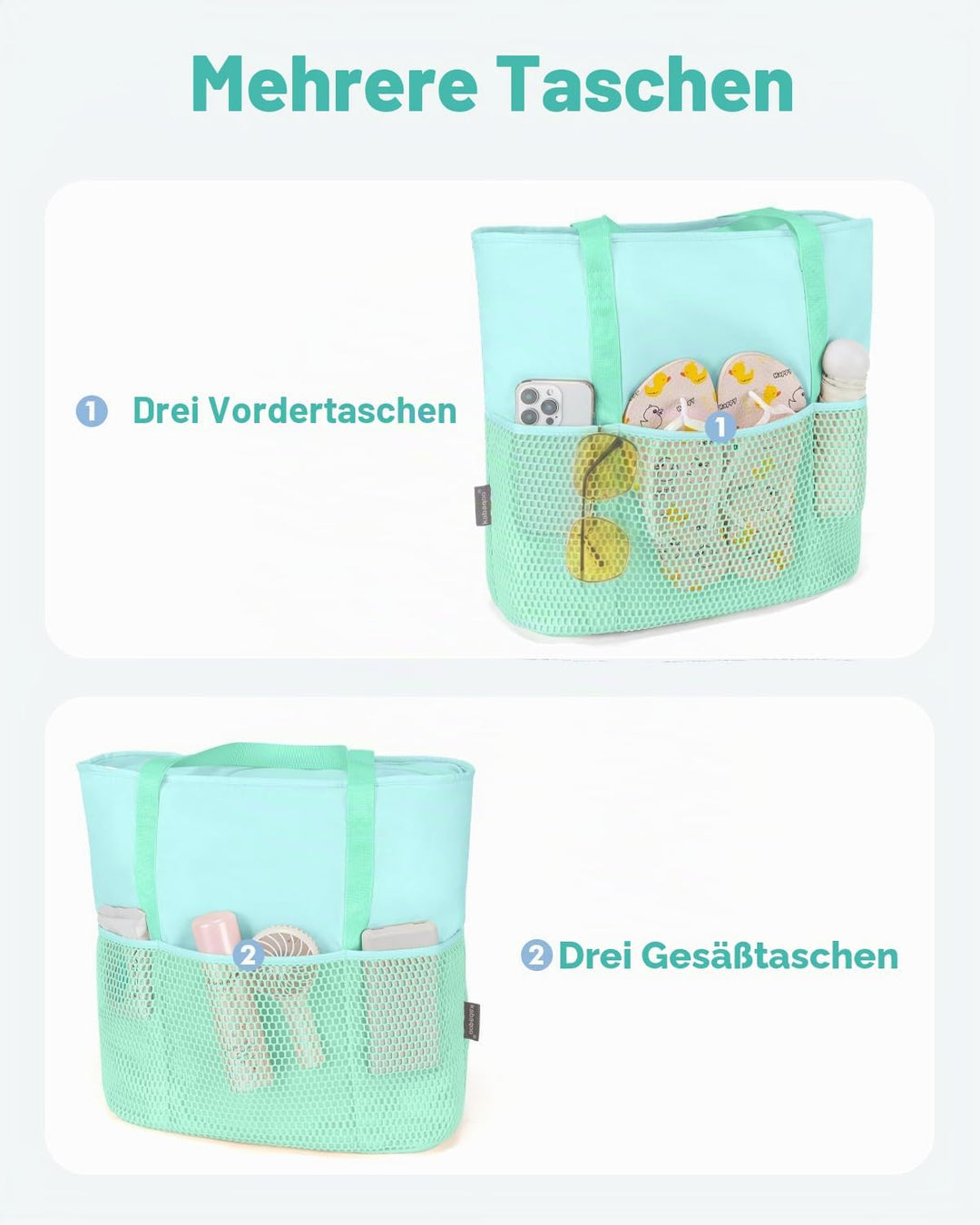 KABAQOO Strandtasche Damen mit Reissverschluss Badetasche Klein mit Fächern Faltbar Shopper Tasche S