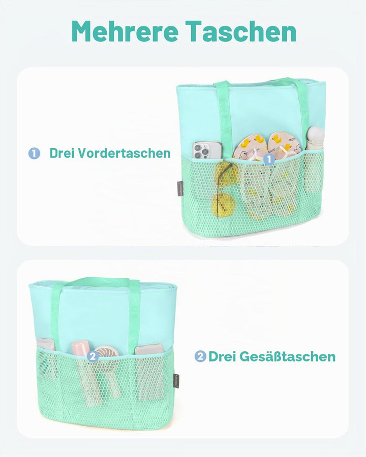 KABAQOO Strandtasche Damen mit Reissverschluss Badetasche Klein mit Fächern Faltbar Shopper Tasche S