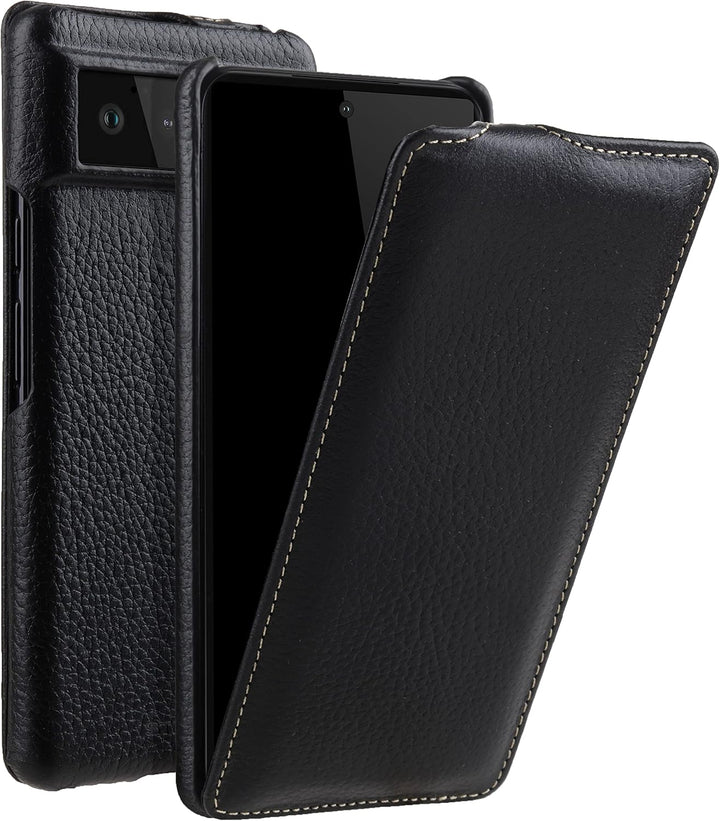 STILGUT UltraSlim kompatibel mit Google Pixel 6 Hülle - Pixel 6 Flip Case aus Leder, Klapphülle, Han