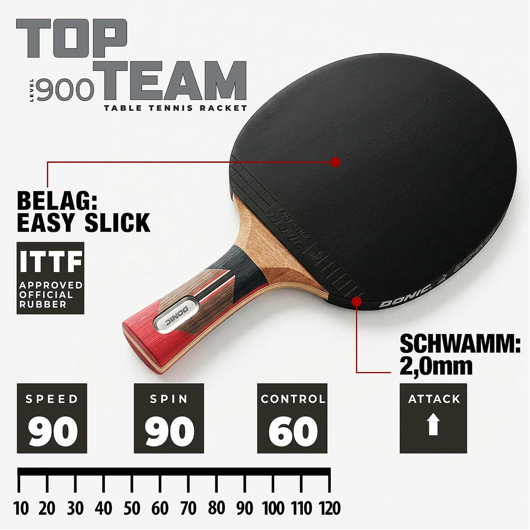 Donic-Schildkröt Tischtennisschläger Top Team 900, AVS & PLS-Griff, 2,0 mm Schwamm, Alpha Slick - IT
