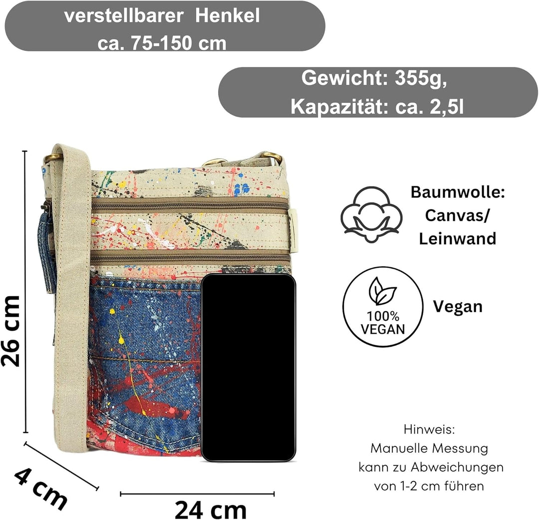 Sunsa Damen Umhängetasche. Vegane Crossover Tasche aus Leinwand. Vintage Stil Crossbody Bag mit viel
