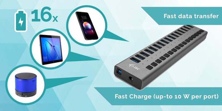 i-tec USB 3.0 Charging HUB 16-Port mit Externem Netzadapter 90W - 16x USB Ladeport Single, Single