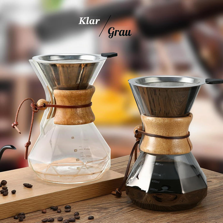 Lalord Pour Over Kaffeebereiter mit Edelstahlfilter, 600 ml Borosilikatglas Kaffeekaraffe, Holzkrage