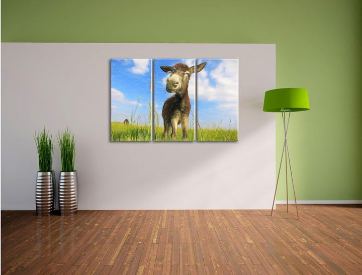 Pixxprint Esel in einem Feld in sonnigen Tag Kunst Buntstift Effekt 3-Teiler Leinwandbild 120x80 Bil