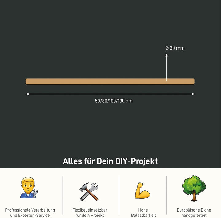 1x Natural Goods Berlin Kleiderstange Rundstab europ. Eiche Esche Massiv 50–130cm lang | Ø 3cm | unb