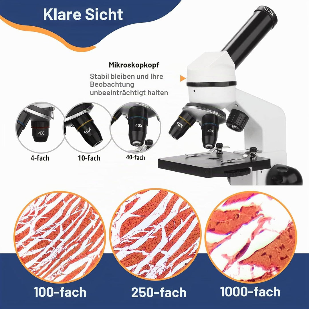 Mikroskop für Kinder Erwachsene 100X-1000X mit Objektträger Set, Dual-LED-Beleuchtung,Professionelle