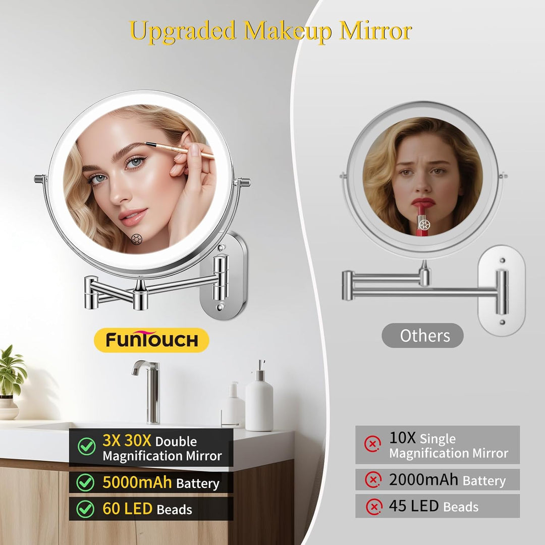 FUNTOUCH Wiederaufladbar Kosmetikspiegel mit Beleuchtetung, 3X 30X Vergrösserung Wandmontage, Dimmba