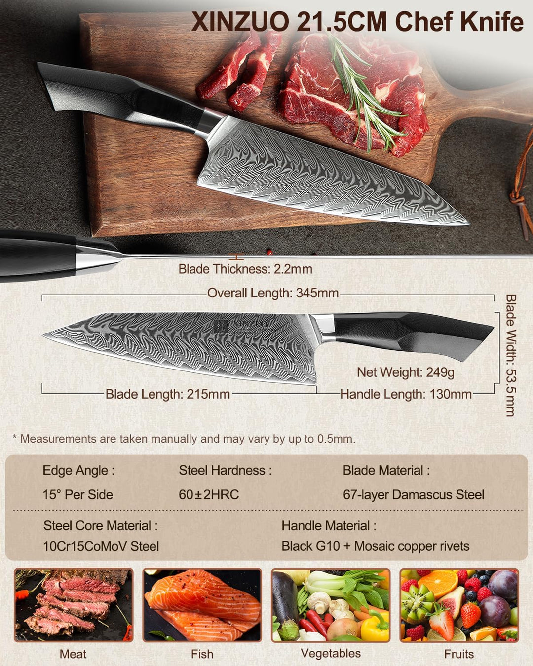 XINZUO Damaststahl Kochmesser, 21.5cm Kiritsuke Chefmesser Profi geschmiedet Gyuto Küchenmesser, Mil