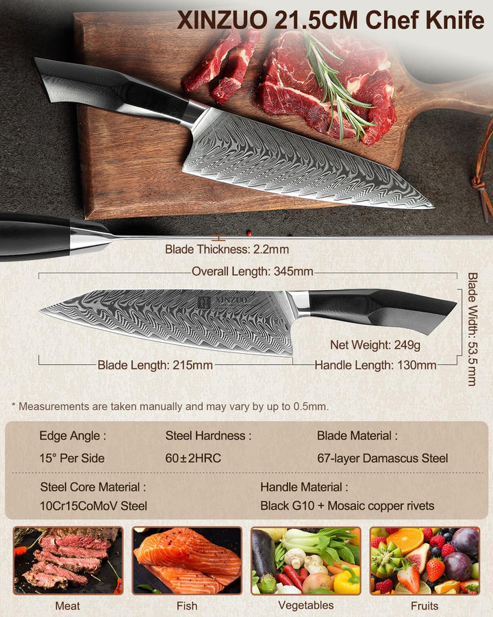 XINZUO Damaststahl Kochmesser, 21.5cm Kiritsuke Chefmesser Profi geschmiedet Gyuto Küchenmesser, Mil