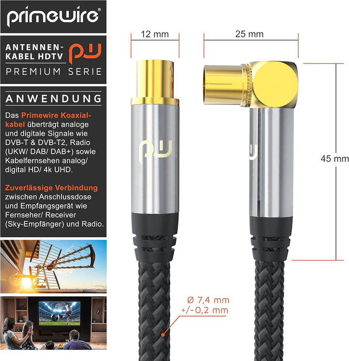 CSL - 7,5m Antennenkabel gewinkelt mit Braiding 8k 4k HDTV - 7,5 Meter Antennen kabel - Kupplung 90°