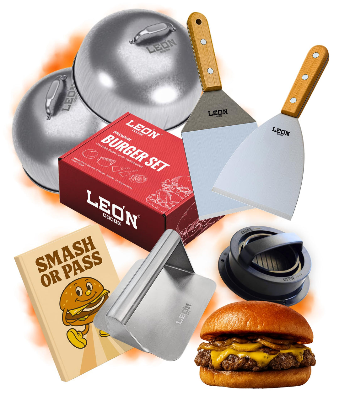 Smash Burger Set [ Edelstahl ] Das Beste Burger Set - Buchenholzgriff und Edelstahl. Hochwertiges Bu