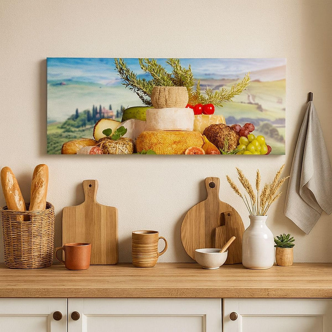 Wandbilder Dekoration Wohnzimmer Toskana Käse Obst Italien Panorama Bilder auf Leinwand 120x50cm Lei