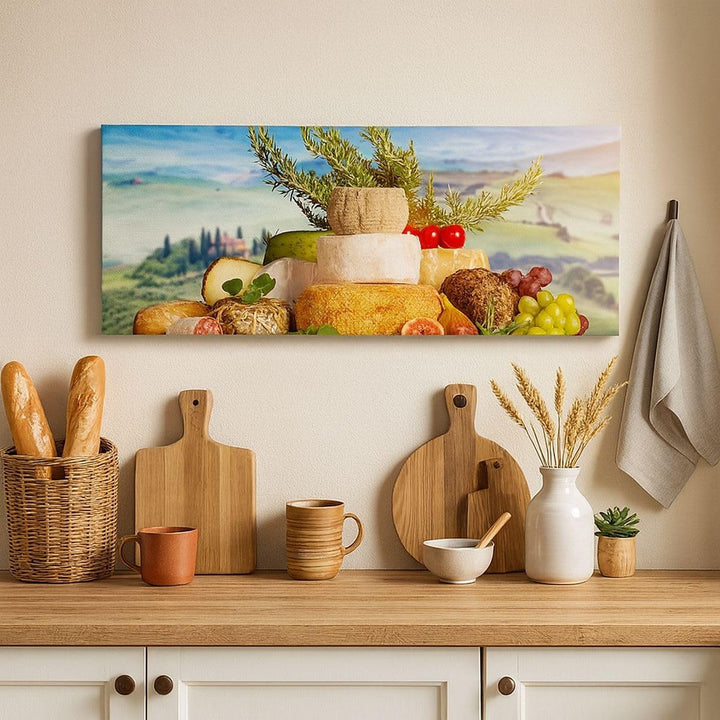 Wandbilder Dekoration Wohnzimmer Toskana Käse Obst Italien Panorama Bilder auf Leinwand 120x50cm Lei