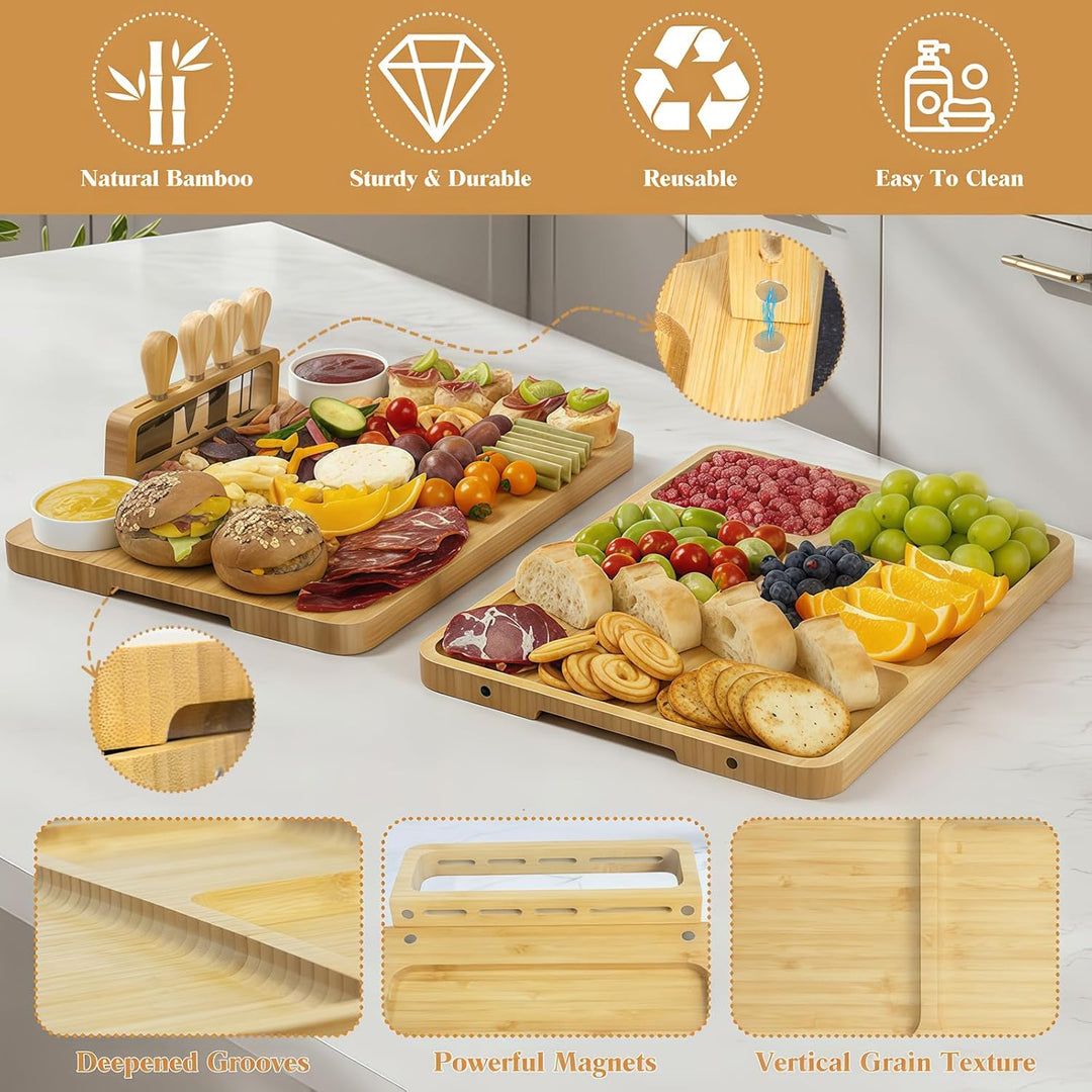 Grosses Bambus Charcuterie Board Set (40x30x2 cm) Käsebrett & Platten Zubehör mit Messern für Gesell