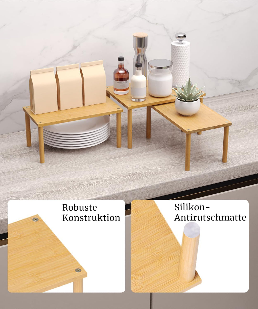Fibogollo Bambus Schrank Organizer Ablage 3er Set, stapelbares Gewürzregal Mittel Natur Braun Mittel