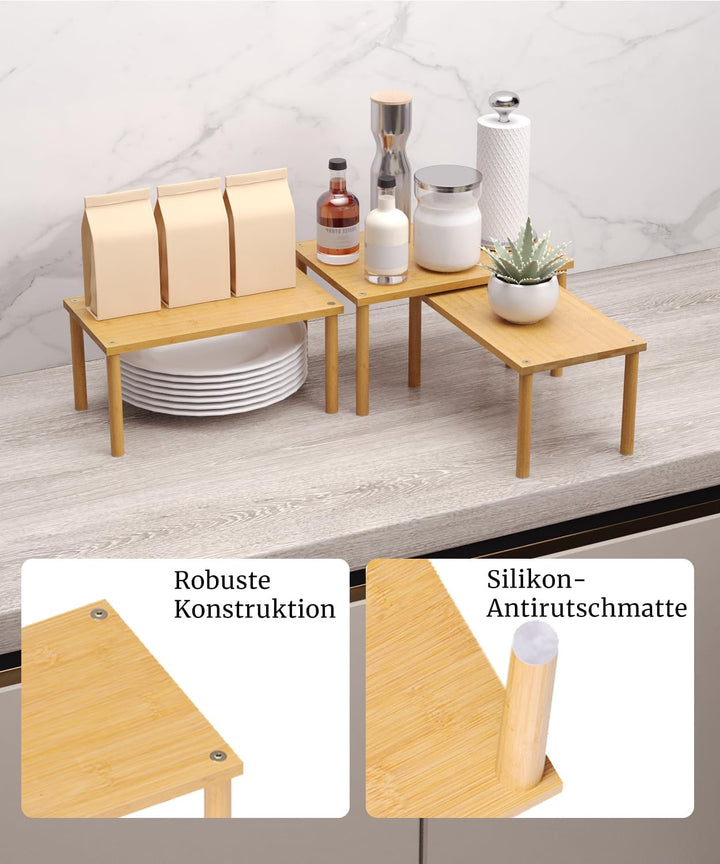 Fibogollo Bambus Schrank Organizer Ablage 3er Set, stapelbares Gewürzregal Mittel Natur Braun Mittel