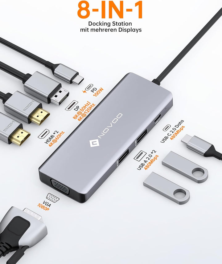 NOVOO USB C Docking Station 4 Monitore 8-in-1 USB C Hub mit 4K@120Hz DisplayPort,2HDMI 4K@60Hz,VGA,2