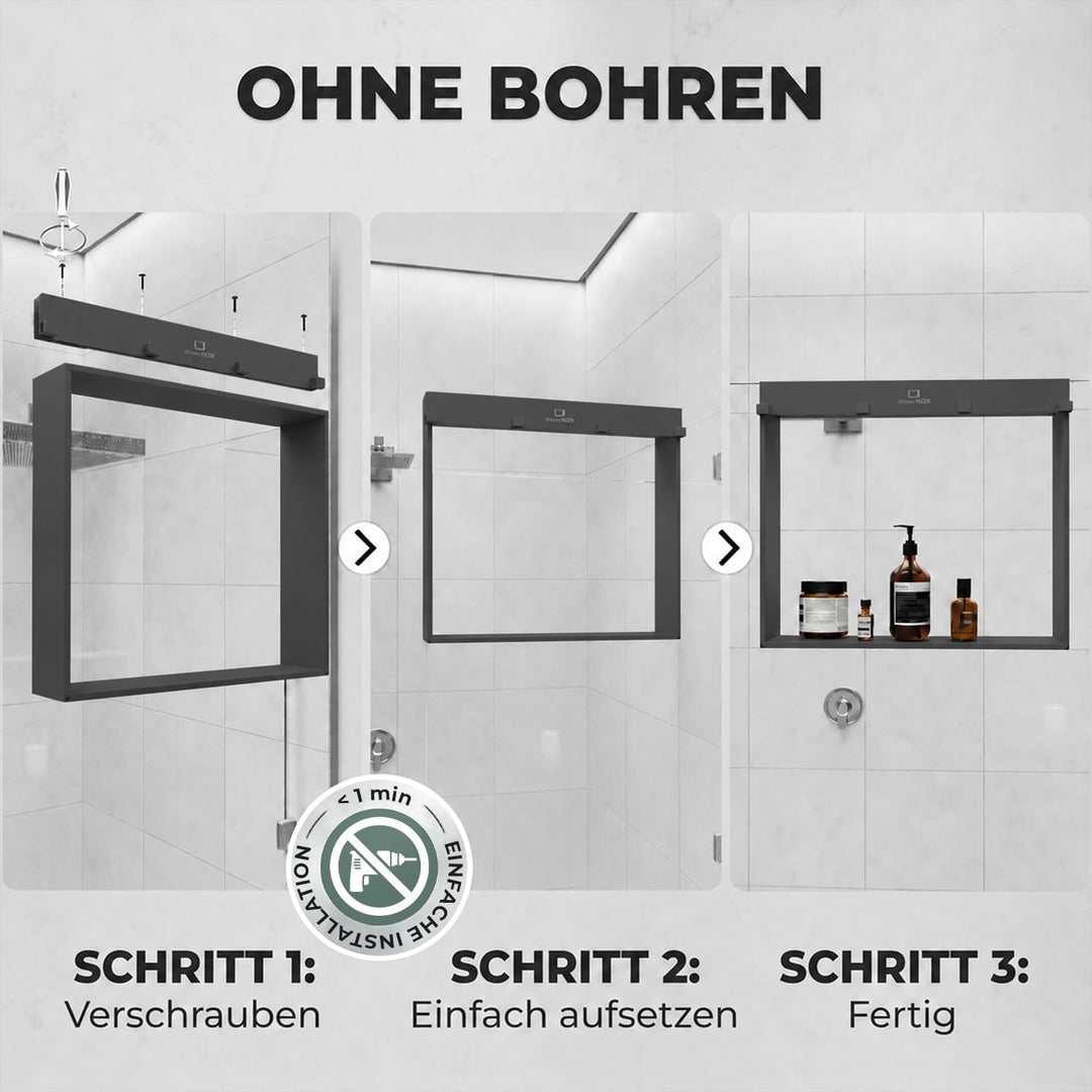 Duschregal Grau - Duschablage ohne Bohren für Duschwand zum Hängen aus Edelstahl mit 4 Haken - Passe