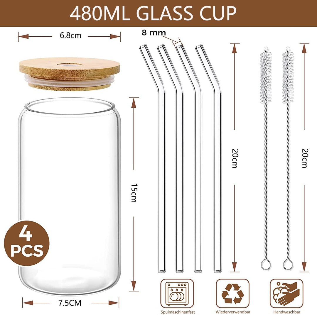 Panngu Bubble Tea Becher mit Deckel und Strohhalm 4er Set, Aesthetic Trinkgläser mit Bambusdeckel un