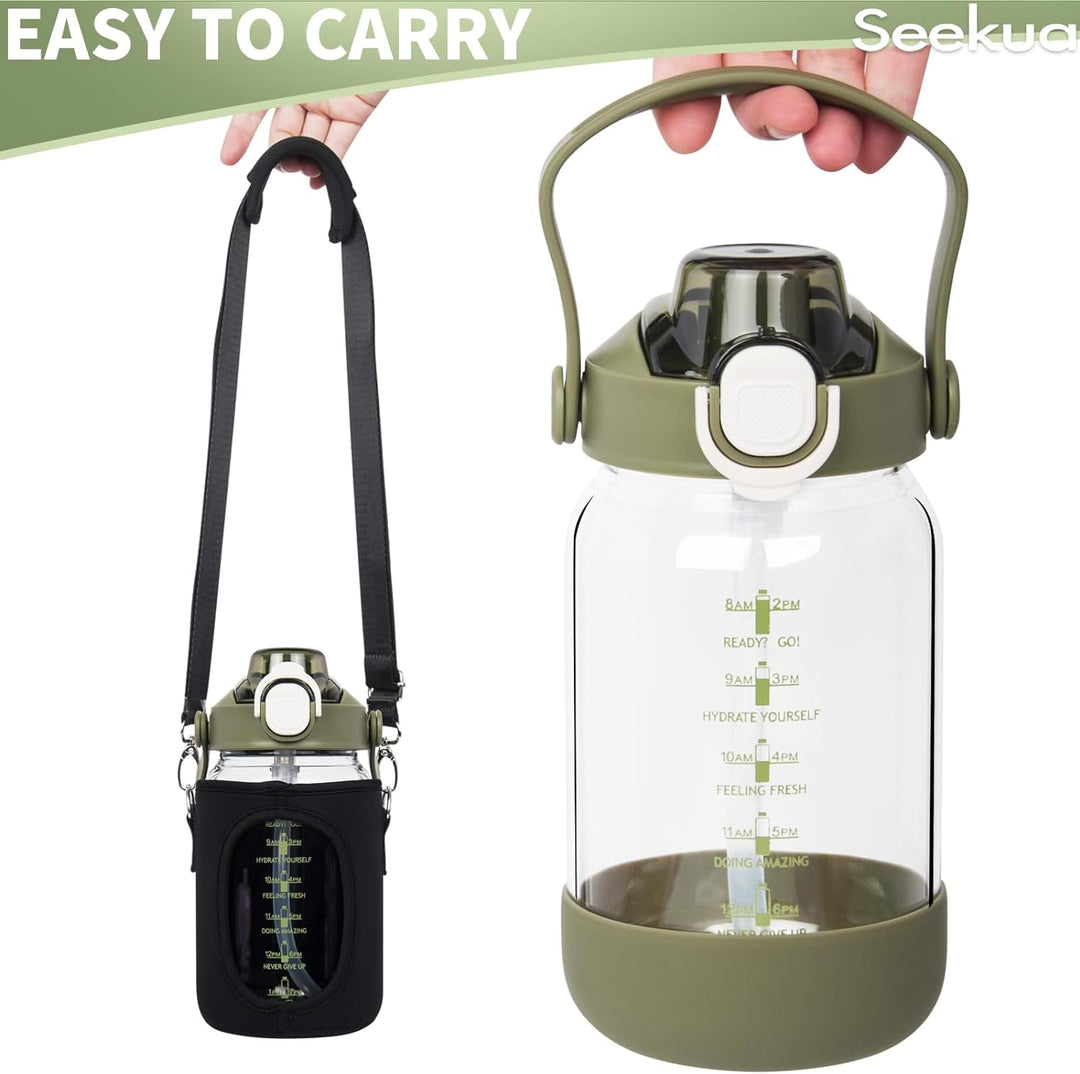 Seekua 1l Trinkflasche Glas Flasche mit Strohhalm & Zeitmarkierung, 1 liter Wasserflasche mit Frücht