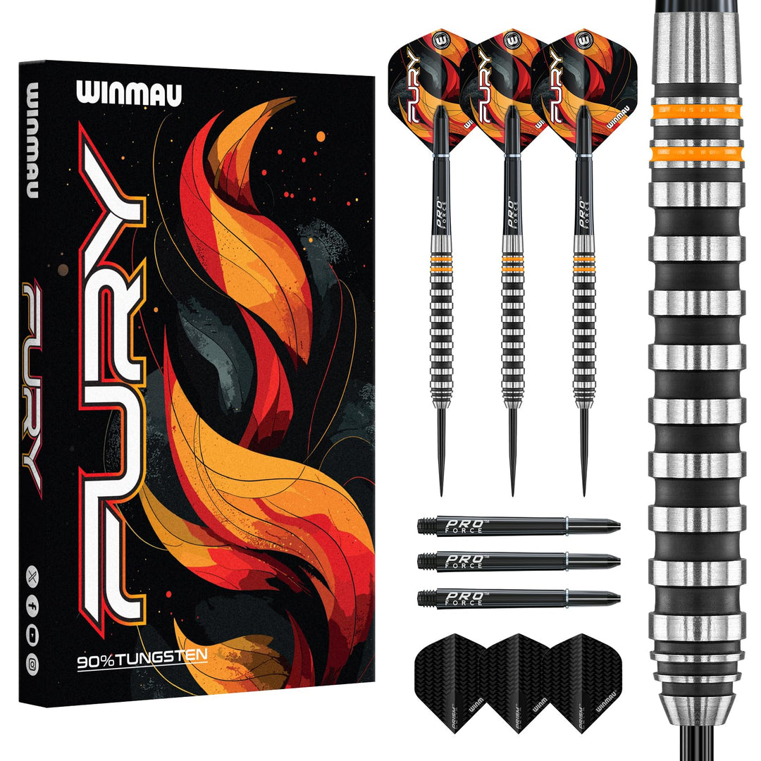 WINMAU Fury 24 Gramm Profi Wolfram Steeltip Dartpfeile Set mit Flights und Schäfte