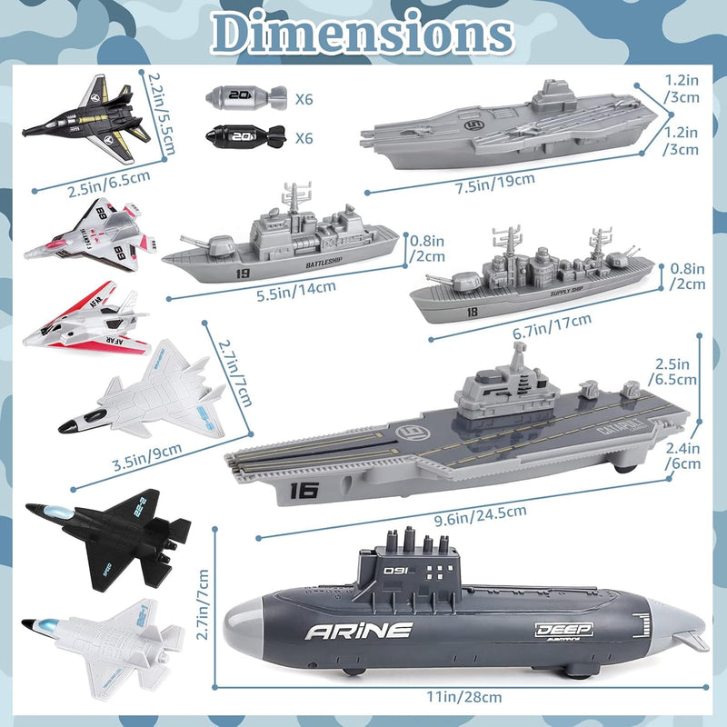 deAO 19PCS Marine Militär Spielzeug, mit U-Boot, Flugzeugträger, Schlachtschiffe, Kampfflugzeuge, Mo