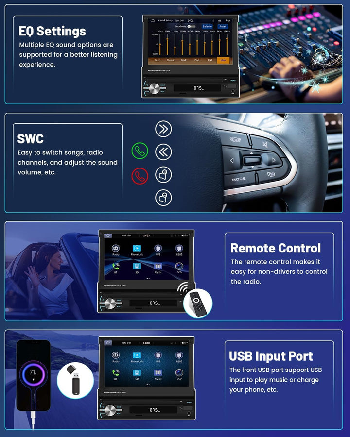 Wireless Carplay Android Auto Autoradio 1Din mit Ausfahren Bildschirm 7 Zoll Touchscreen Auto Radio