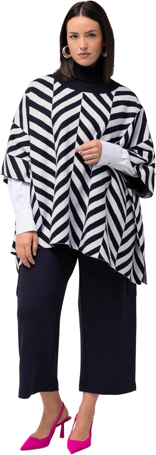 Ulla Popken Damen Strickcape mit Rollkragen, Jacquard Pullover, 42-48