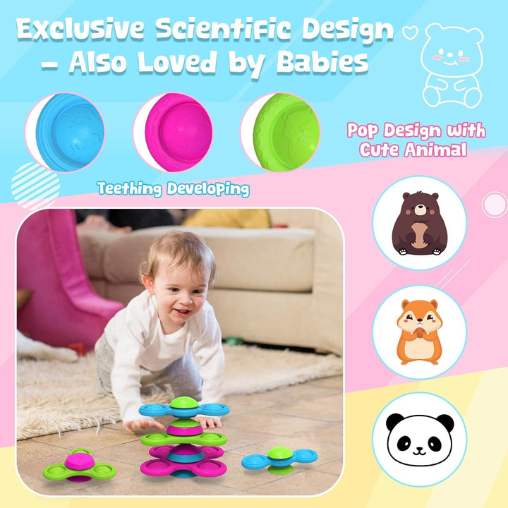 Saugnapf Spielzeug Kinder 3 Stück Fidget Spinner Baby Tierdruckmuster 10 Monate+ Baby Spielzeug Sili