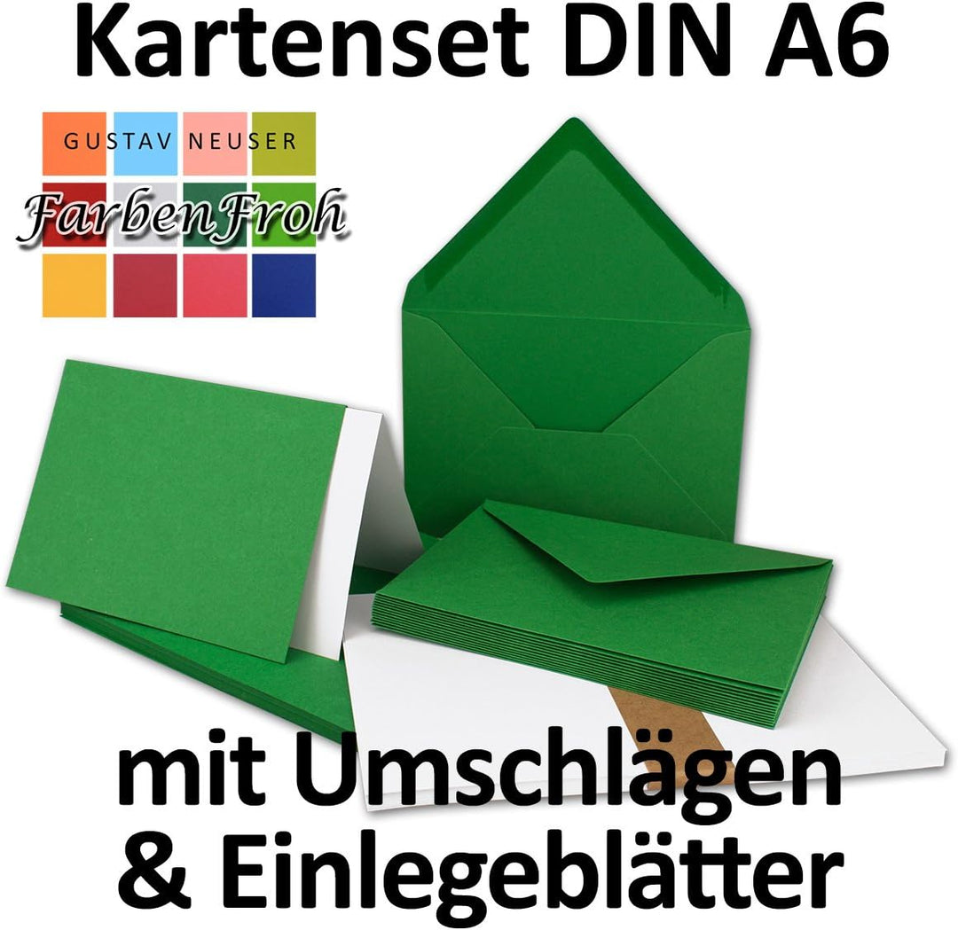 300x Faltkarten SET DIN A6/C6 mit Brief-Umschlägen in Tannengrün - inklusive Einleger - 14,8 x 10,5