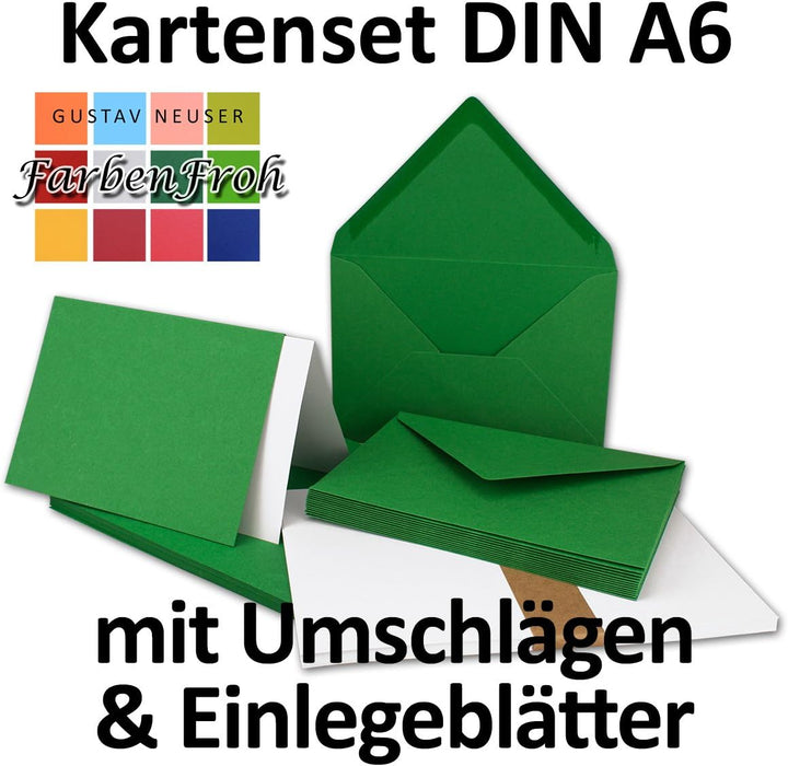 300x Faltkarten SET DIN A6/C6 mit Brief-Umschlägen in Tannengrün - inklusive Einleger - 14,8 x 10,5