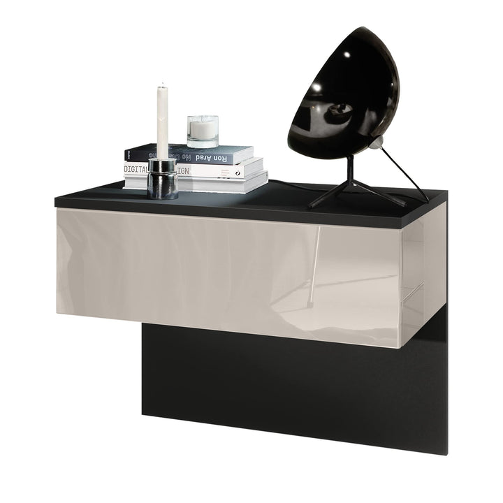 Vladon Nachttisch Sleep, Nachttischschrank mit Schublade zur Wandmontage, Schwarz matt/Sandgrau Hoch