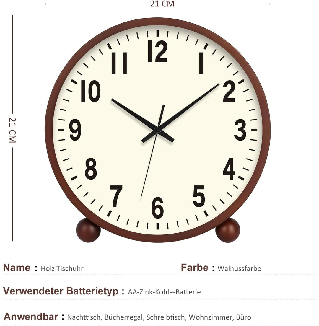 BVI BOOMERVIVI Tischuhr 21 cm, Holz Tischuhr ohne Ticken mit Lautlosem Uhrwerk, Batteriebetrieben, T