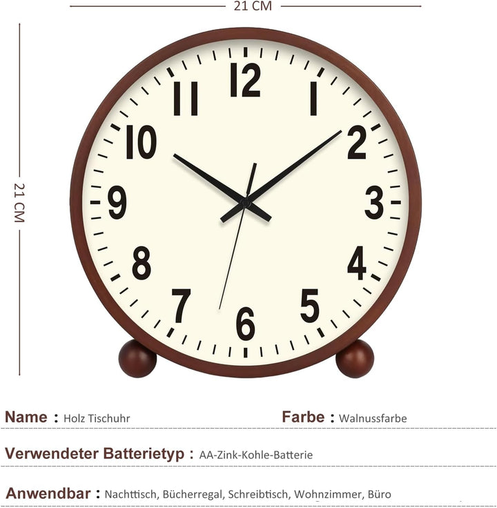 BVI BOOMERVIVI Tischuhr 21 cm, Holz Tischuhr ohne Ticken mit Lautlosem Uhrwerk, Batteriebetrieben, T