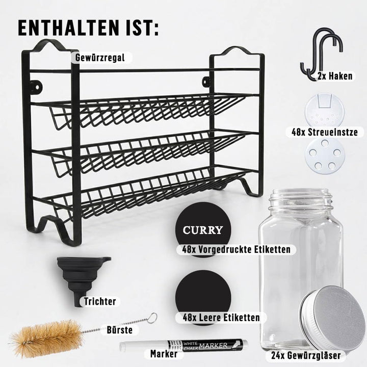 Deco haus Gewürzregal mit Gewürzgläser - 3 stufiges Metall Regal - Küchen Organizer Set, Gewürzständ