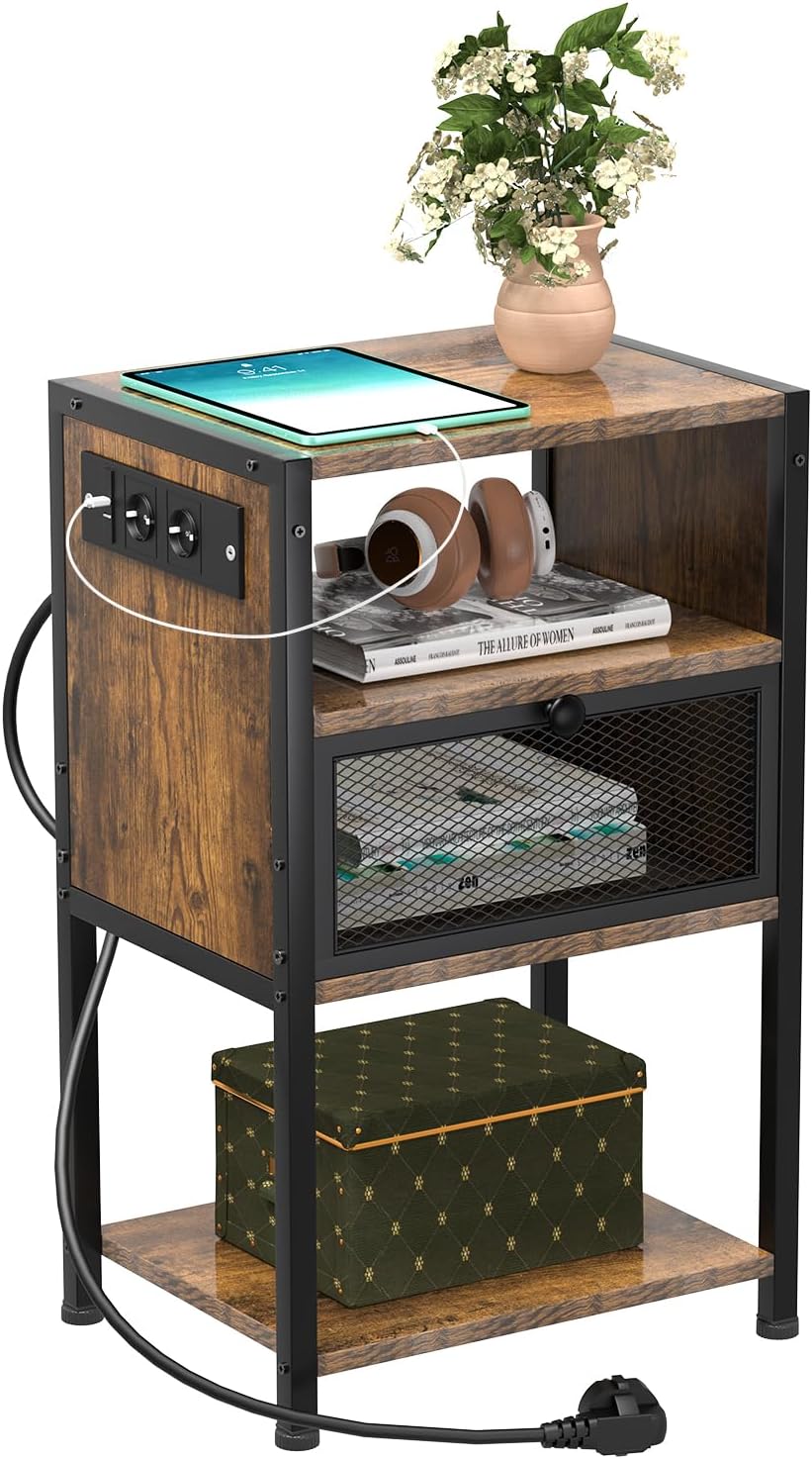 PIPIPOXER Nachttisch mit Steckdose, Nachttisch mit USB Anschlüssen und Steckdosen, Flip Top Beistell