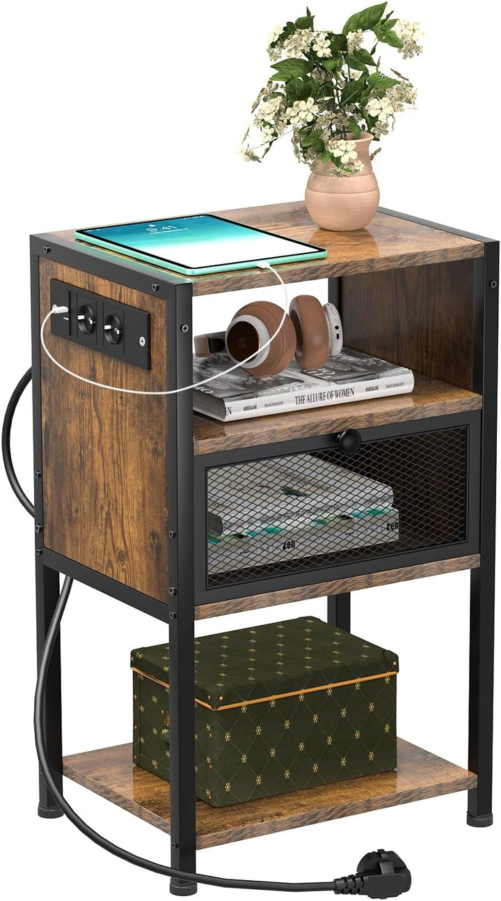 PIPIPOXER Nachttisch mit Steckdose, Nachttisch mit USB Anschlüssen und Steckdosen, Flip Top Beistell