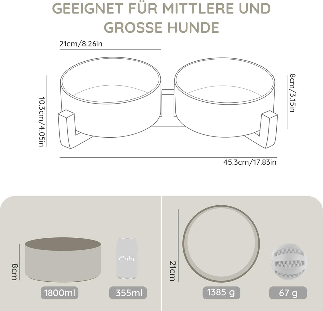 SPUNKYJUNKY Hundenapf Keramik Doppel Hund Futternapf mit Bambus Ständer für Grosse Hunde (1800ml, Gr