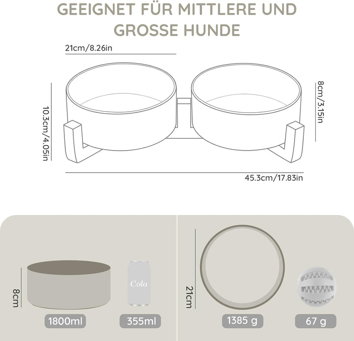 SPUNKYJUNKY Hundenapf Keramik Doppel Hund Futternapf mit Bambus Ständer für Grosse Hunde (1800ml, Gr