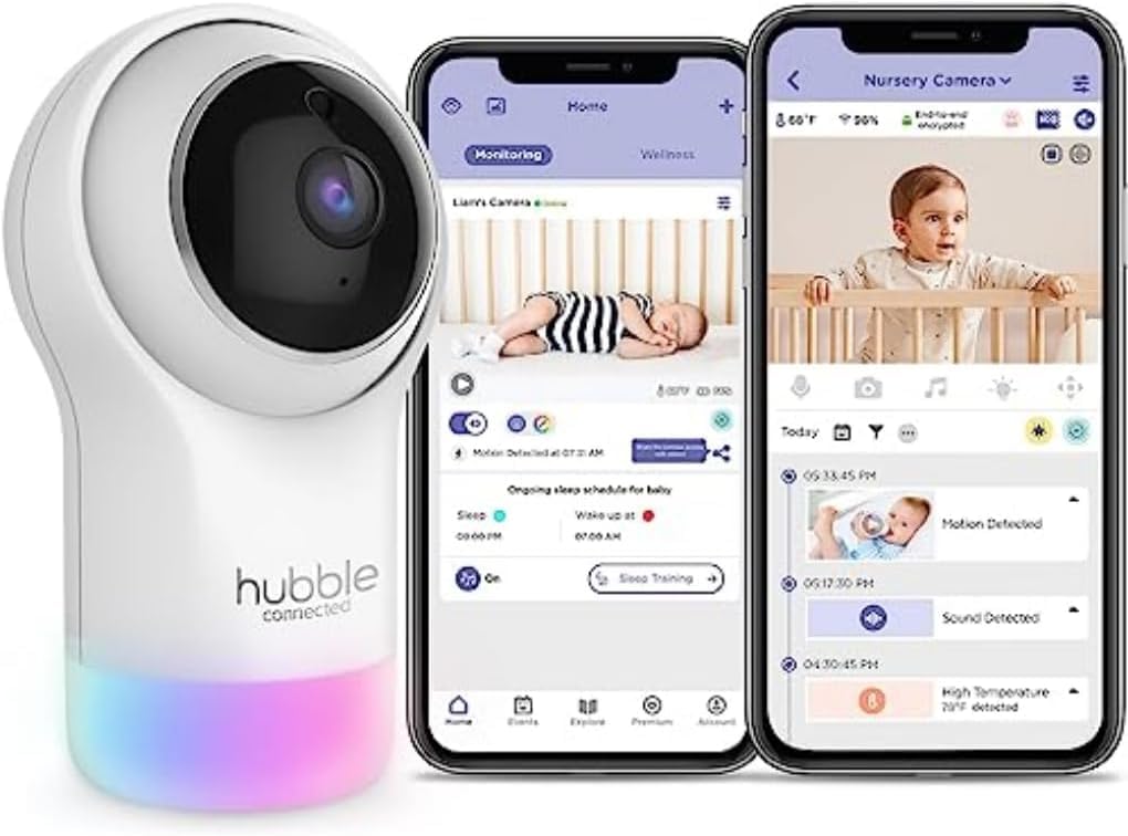 Hubble Connected Nursery Pal Glow, Babyphone mit Kamera, 7-Farben-Nachtlicht, Raumtemperatursensor,