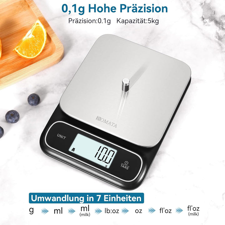 BOMATA Wasserdichte IPX6 Küchenwaage, 0,1g hohe Präzision, 5kg, digitale Waage mit Hintergrundbeleuc