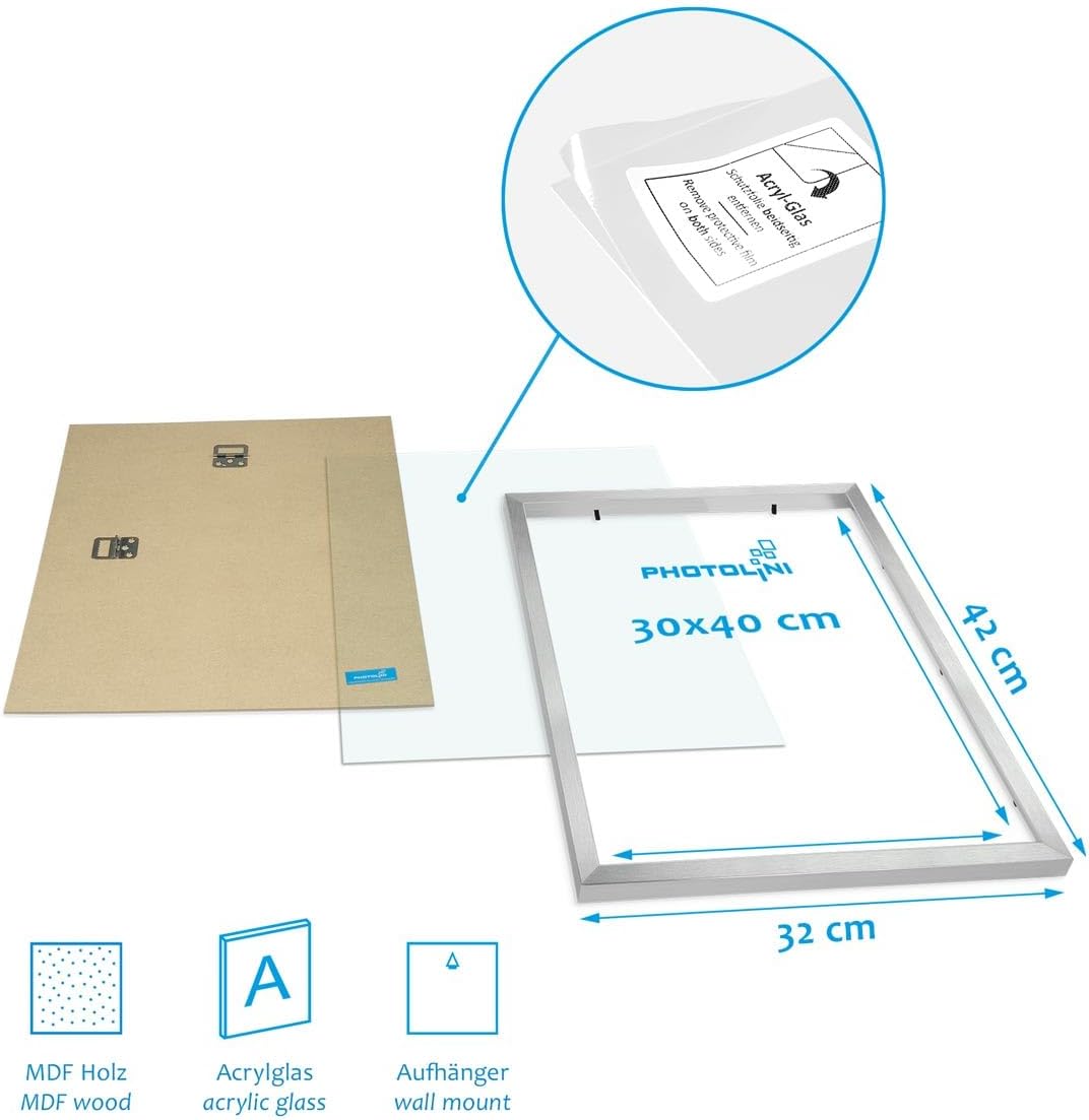 PHOTOLINI silberne Bilderrahmen Set verschiedene Grössen, 6 Bilderrahmen Silber Holz MDF, Bilder Rah